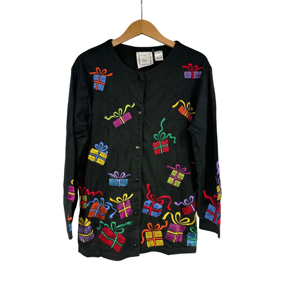 Michael Simon Lite Womens Black Cotton Embroidered Gift Box Holiday Cardigan S